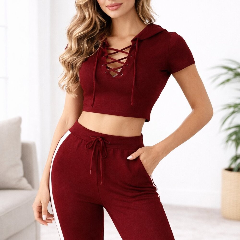 Crop Top Hoodie & Pants 2-piece Tracksuit Set Women's Activewear - Burgundy